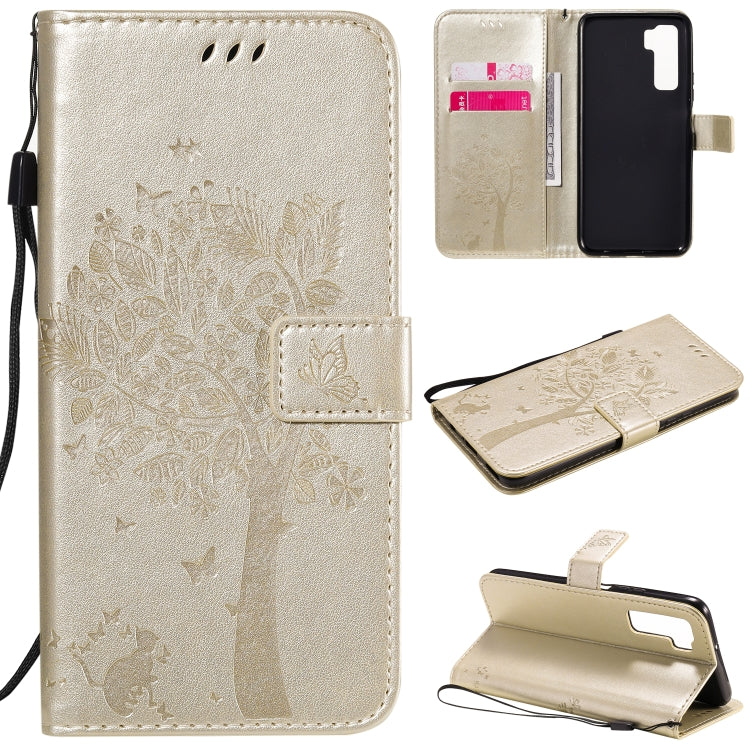 For Huawei Nova 7 SE Tree & Cat Embossed Pattern Horizontal Flip Leather Case with Holder & Card Slots & Wallet & Lanyard