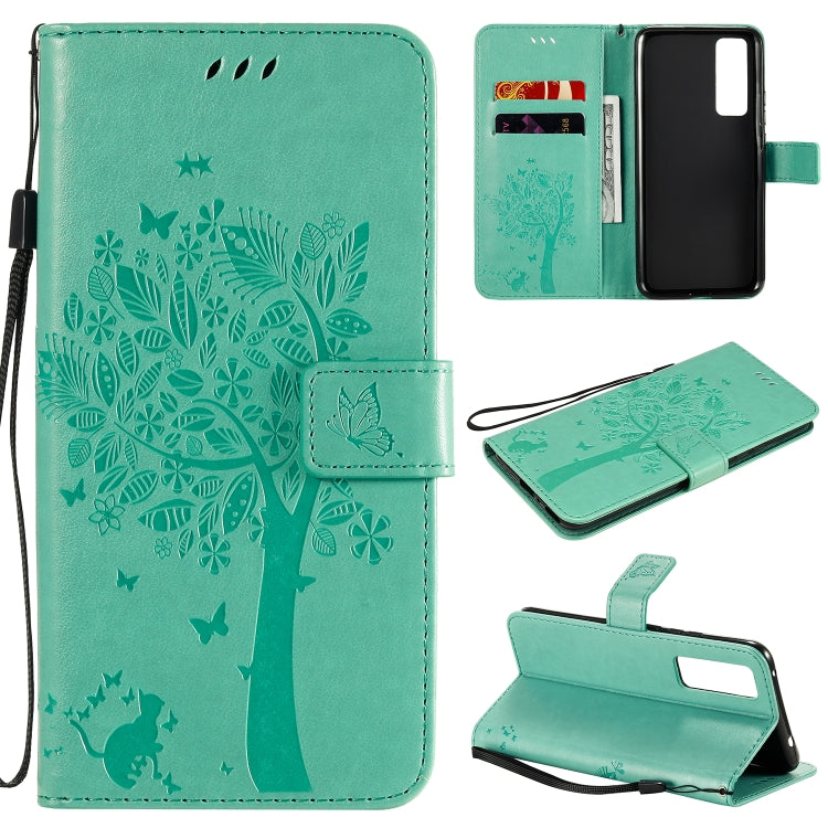For Huawei Nova 7 Tree & Cat Embossed Pattern Horizontal Flip Leather Case with Holder & Card Slots & Wallet & Lanyard