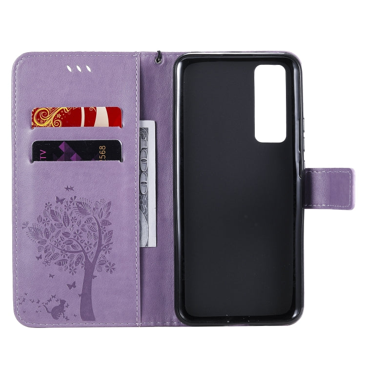 For Huawei Nova 7 Tree & Cat Embossed Pattern Horizontal Flip Leather Case with Holder & Card Slots & Wallet & Lanyard