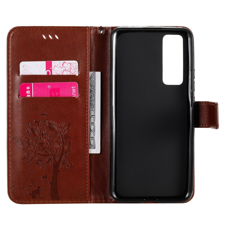 For Huawei Nova 7 Tree & Cat Embossed Pattern Horizontal Flip Leather Case with Holder & Card Slots & Wallet & Lanyard