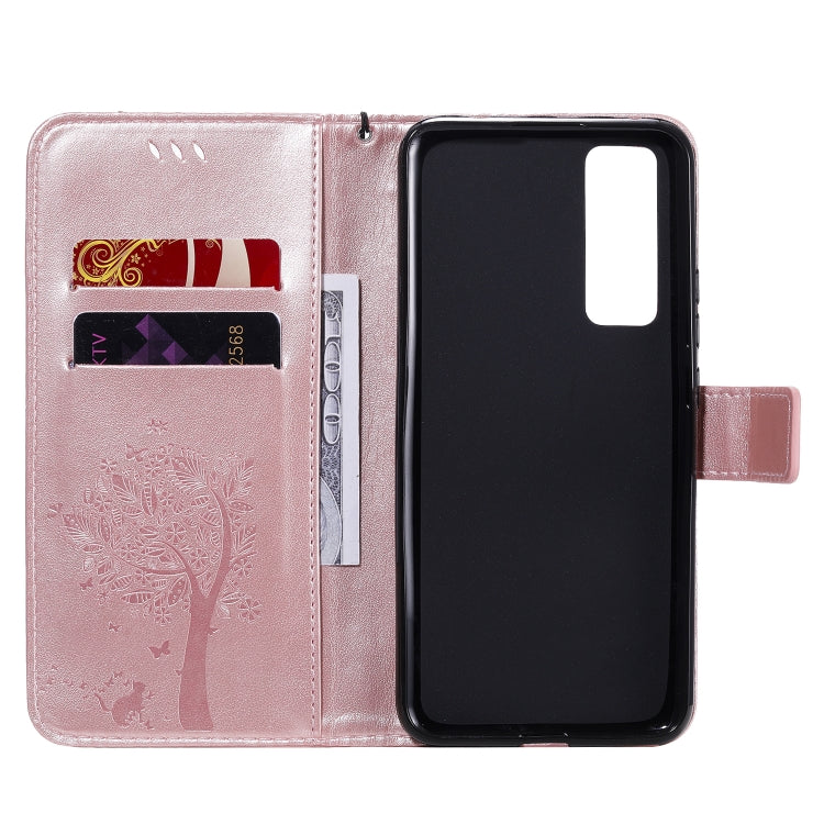 For Huawei Nova 7 Tree & Cat Embossed Pattern Horizontal Flip Leather Case with Holder & Card Slots & Wallet & Lanyard