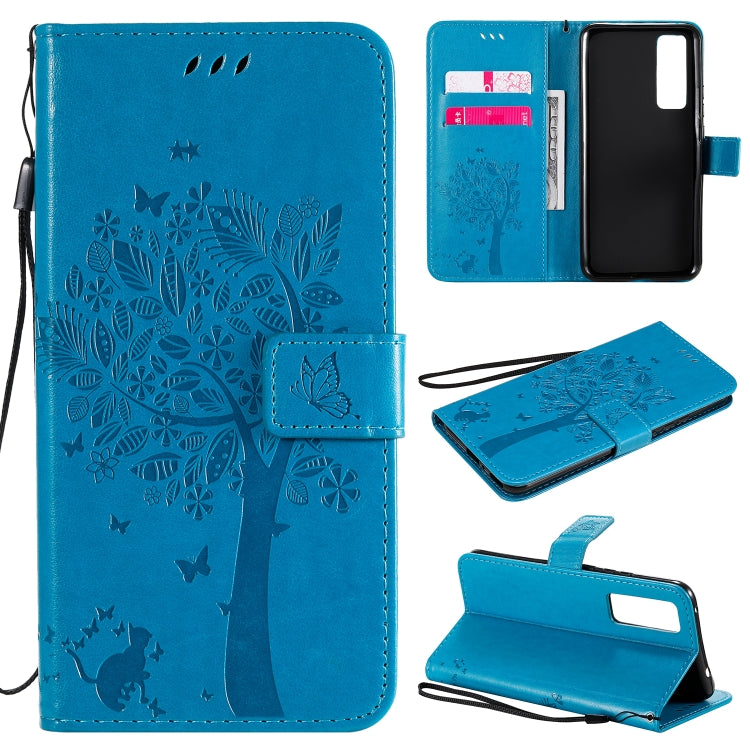 For Huawei Nova 7 Tree & Cat Embossed Pattern Horizontal Flip Leather Case with Holder & Card Slots & Wallet & Lanyard