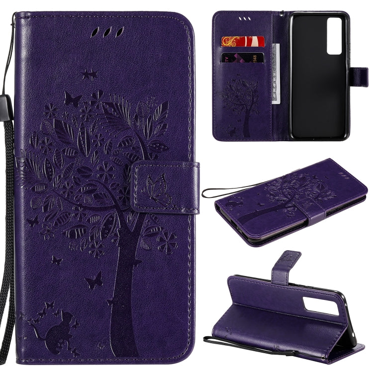 For Huawei Nova 7 Tree & Cat Embossed Pattern Horizontal Flip Leather Case with Holder & Card Slots & Wallet & Lanyard