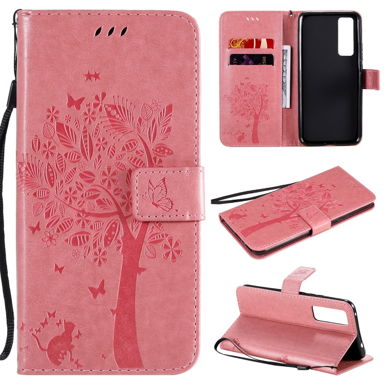 For Huawei Nova 7 Tree & Cat Embossed Pattern Horizontal Flip Leather Case with Holder & Card Slots & Wallet & Lanyard