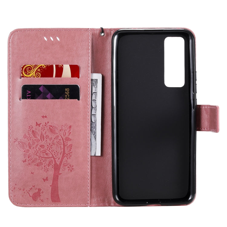 For Huawei Nova 7 Tree & Cat Embossed Pattern Horizontal Flip Leather Case with Holder & Card Slots & Wallet & Lanyard