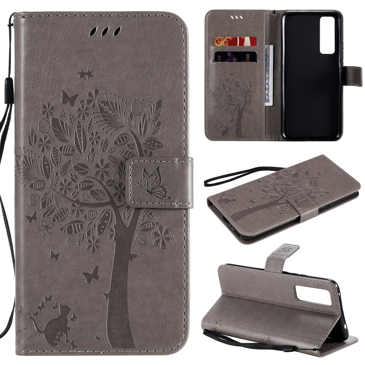 For Huawei Nova 7 Tree & Cat Embossed Pattern Horizontal Flip Leather Case with Holder & Card Slots & Wallet & Lanyard