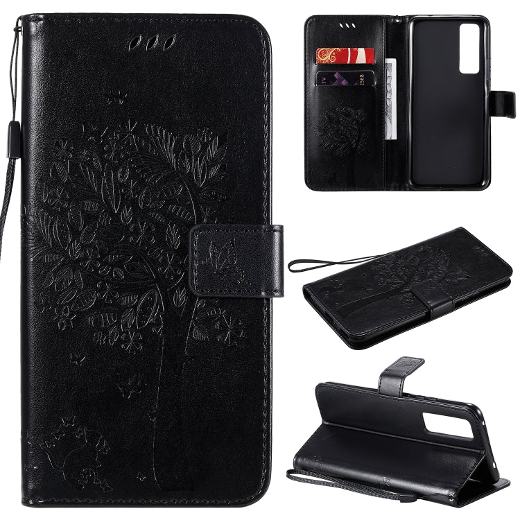 For Huawei Nova 7 Tree & Cat Embossed Pattern Horizontal Flip Leather Case with Holder & Card Slots & Wallet & Lanyard