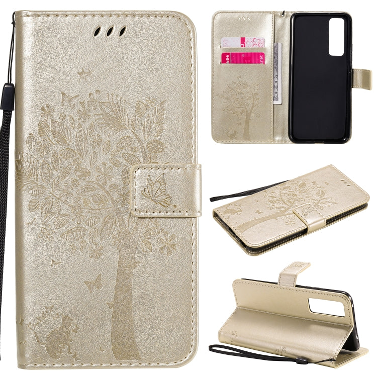 For Huawei Nova 7 Tree & Cat Embossed Pattern Horizontal Flip Leather Case with Holder & Card Slots & Wallet & Lanyard
