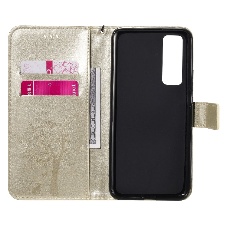 For Huawei Nova 7 Tree & Cat Embossed Pattern Horizontal Flip Leather Case with Holder & Card Slots & Wallet & Lanyard