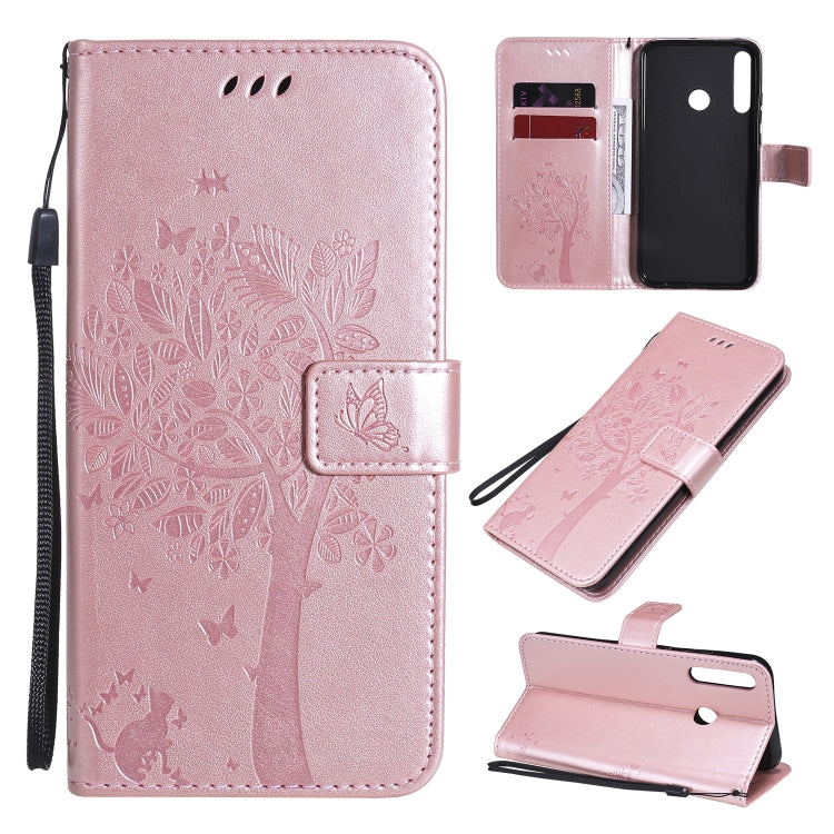 For Huawei P40 Lite E Tree & Cat Embossed Pattern Horizontal Flip Leather Case with Holder & Card Slots & Wallet & Lanyard