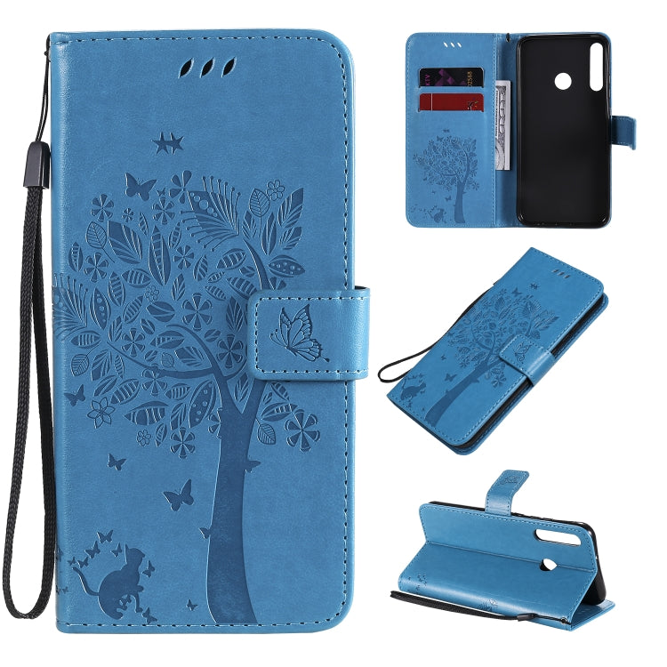 For Huawei P40 Lite E Tree & Cat Embossed Pattern Horizontal Flip Leather Case with Holder & Card Slots & Wallet & Lanyard