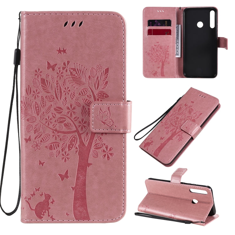 For Huawei P40 Lite E Tree & Cat Embossed Pattern Horizontal Flip Leather Case with Holder & Card Slots & Wallet & Lanyard