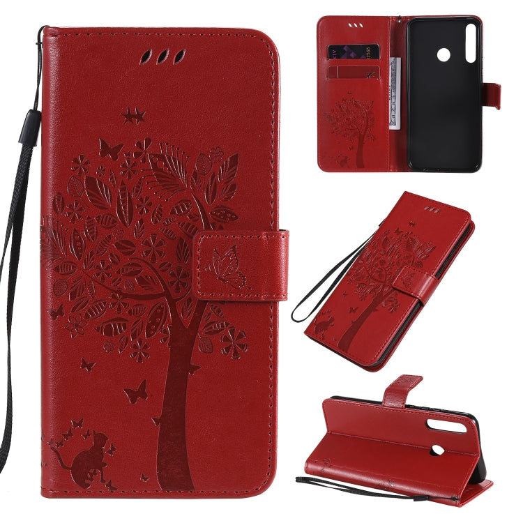 For Huawei P40 Lite E Tree & Cat Embossed Pattern Horizontal Flip Leather Case with Holder & Card Slots & Wallet & Lanyard