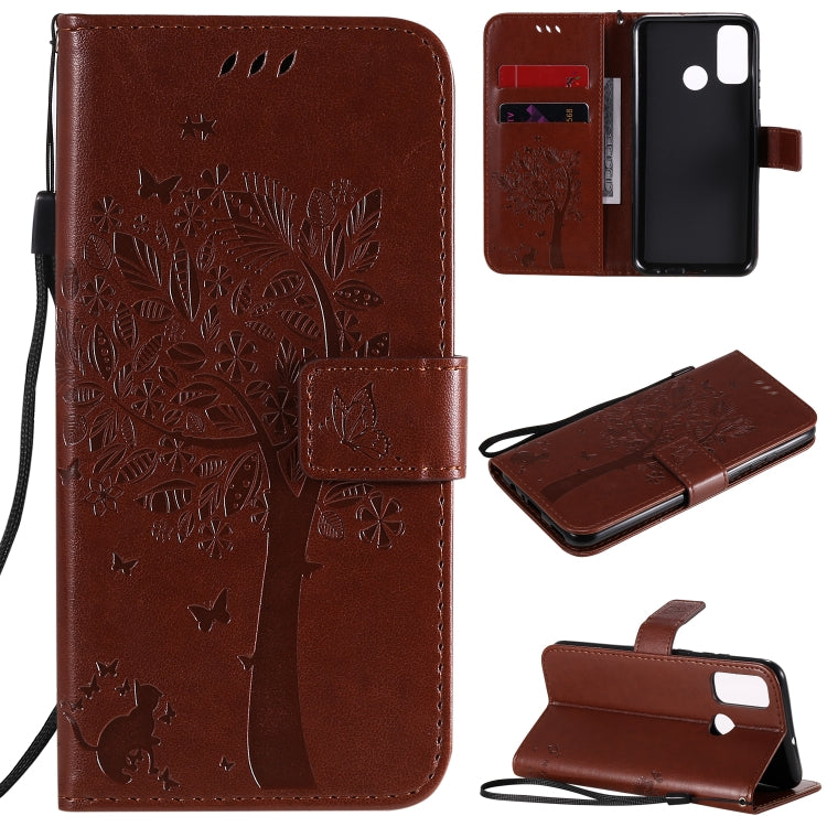 For Huawei P Smart 2020 Tree & Cat Embossed Pattern Horizontal Flip Leather Case with Holder & Card Slots & Wallet & Lanyard