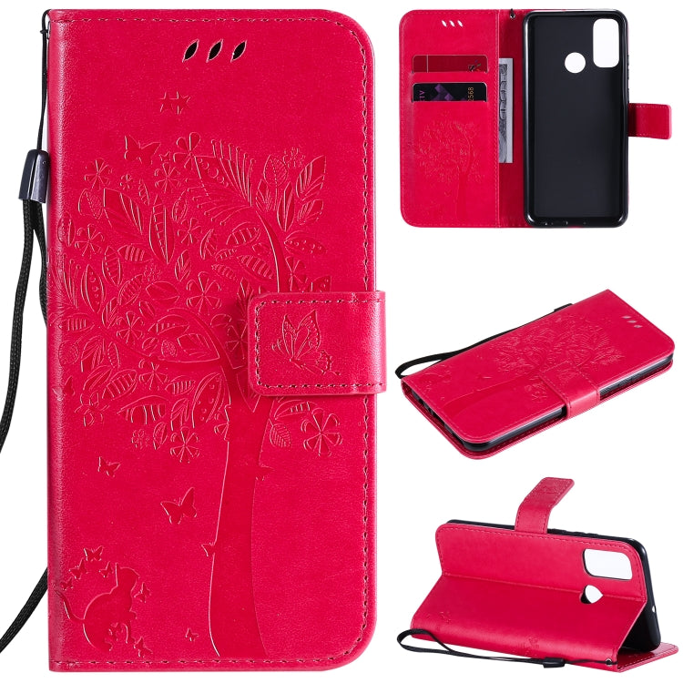 For Huawei P Smart 2020 Tree & Cat Embossed Pattern Horizontal Flip Leather Case with Holder & Card Slots & Wallet & Lanyard