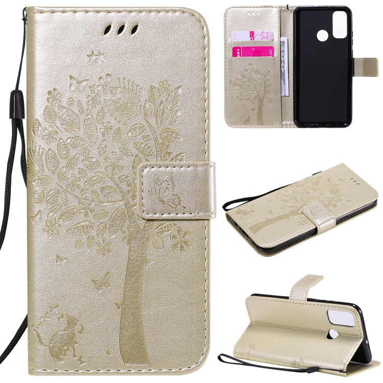 For Huawei P Smart 2020 Tree & Cat Embossed Pattern Horizontal Flip Leather Case with Holder & Card Slots & Wallet & Lanyard