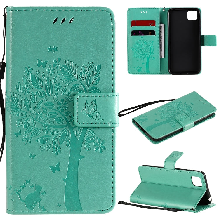 For Huawei Y5p Tree & Cat Embossed Pattern Horizontal Flip Leather Case with Holder & Card Slots & Wallet & Lanyard