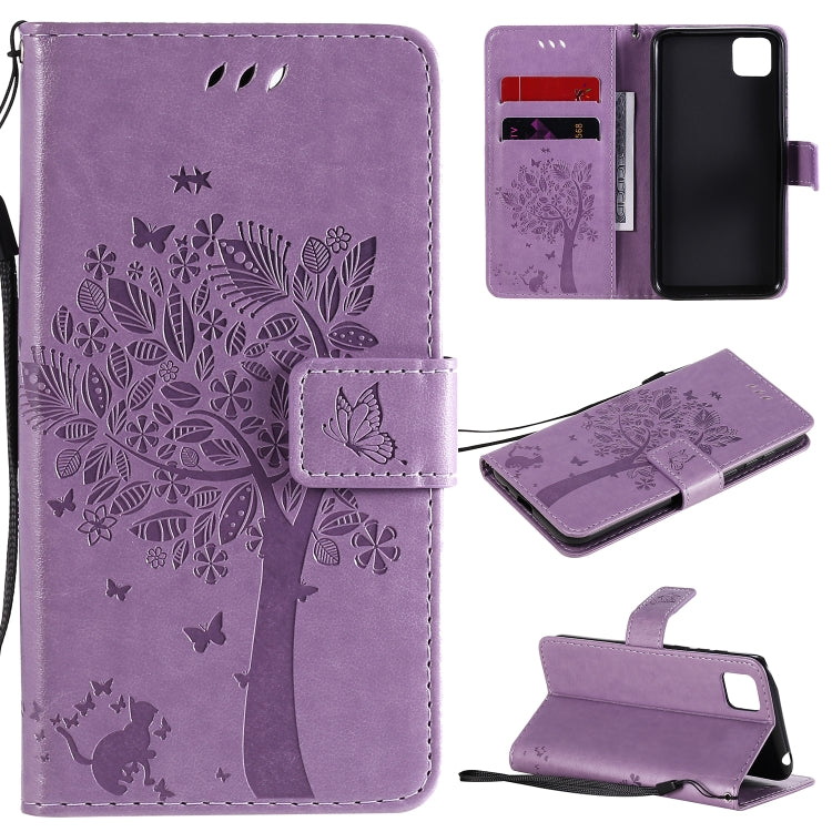 For Huawei Y5p Tree & Cat Embossed Pattern Horizontal Flip Leather Case with Holder & Card Slots & Wallet & Lanyard