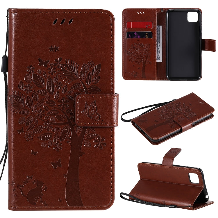 For Huawei Y5p Tree & Cat Embossed Pattern Horizontal Flip Leather Case with Holder & Card Slots & Wallet & Lanyard