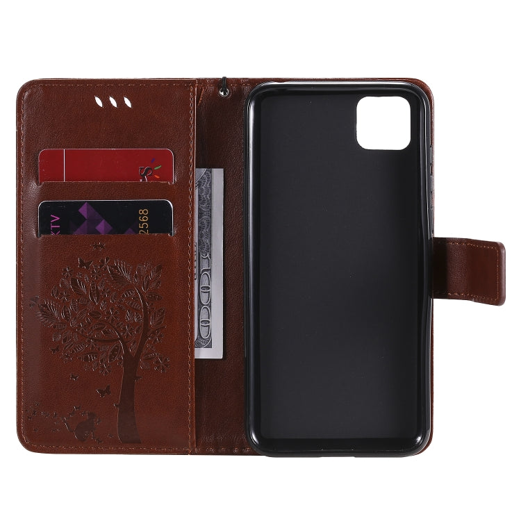 For Huawei Y5p Tree & Cat Embossed Pattern Horizontal Flip Leather Case with Holder & Card Slots & Wallet & Lanyard