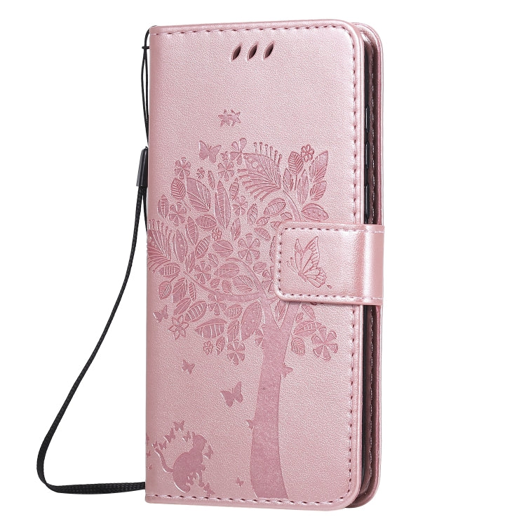 For Huawei Y5p Tree & Cat Embossed Pattern Horizontal Flip Leather Case with Holder & Card Slots & Wallet & Lanyard