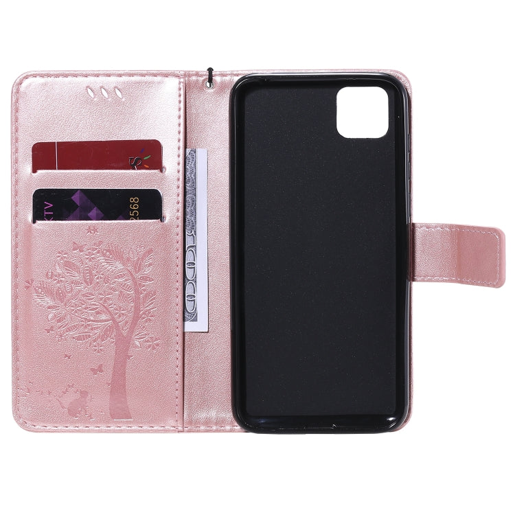 For Huawei Y5p Tree & Cat Embossed Pattern Horizontal Flip Leather Case with Holder & Card Slots & Wallet & Lanyard