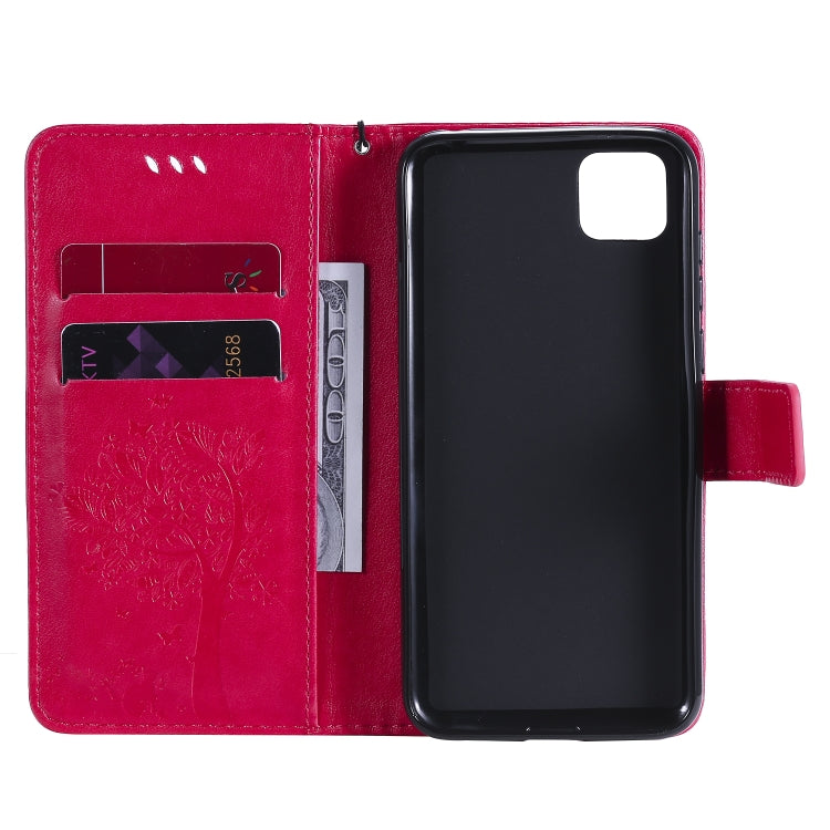 For Huawei Y5p Tree & Cat Embossed Pattern Horizontal Flip Leather Case with Holder & Card Slots & Wallet & Lanyard