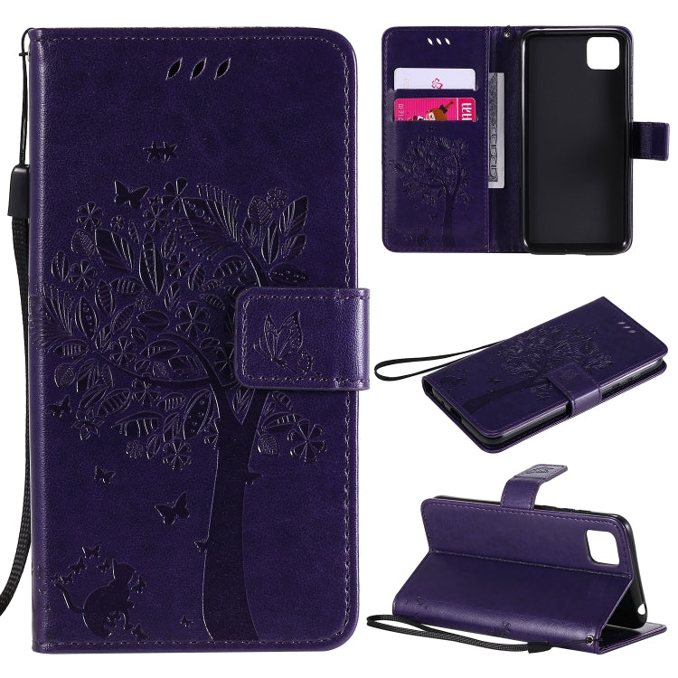 For Huawei Y5p Tree & Cat Embossed Pattern Horizontal Flip Leather Case with Holder & Card Slots & Wallet & Lanyard