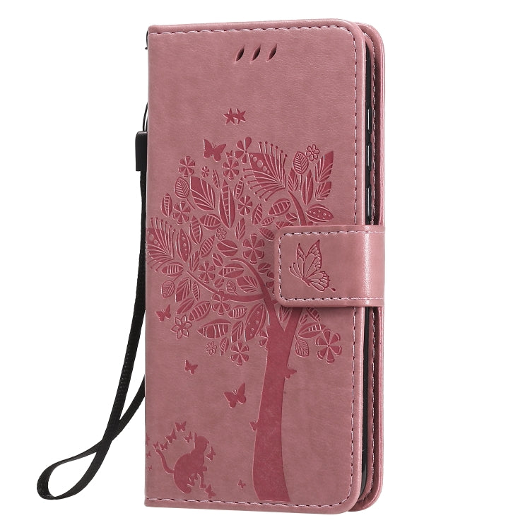 For Huawei Y5p Tree & Cat Embossed Pattern Horizontal Flip Leather Case with Holder & Card Slots & Wallet & Lanyard