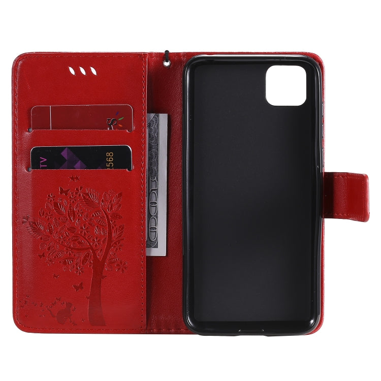 For Huawei Y5p Tree & Cat Embossed Pattern Horizontal Flip Leather Case with Holder & Card Slots & Wallet & Lanyard