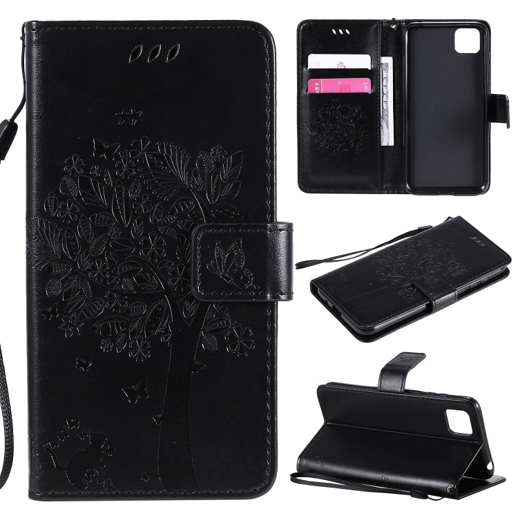 For Huawei Y5p Tree & Cat Embossed Pattern Horizontal Flip Leather Case with Holder & Card Slots & Wallet & Lanyard