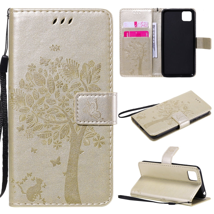 For Huawei Y5p Tree & Cat Embossed Pattern Horizontal Flip Leather Case with Holder & Card Slots & Wallet & Lanyard