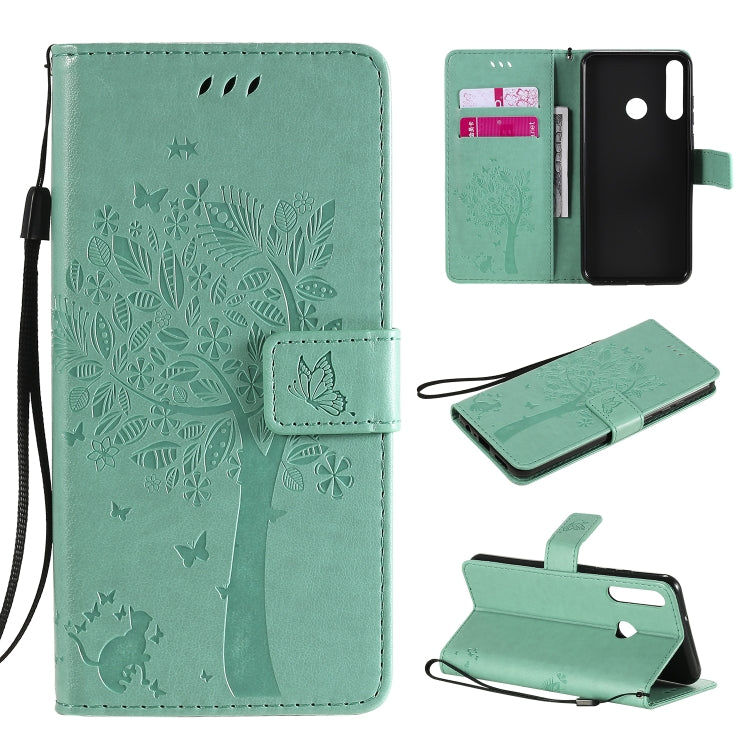 For Huawei Y6p Tree & Cat Embossed Pattern Horizontal Flip Leather Case with Holder & Card Slots & Wallet & Lanyard