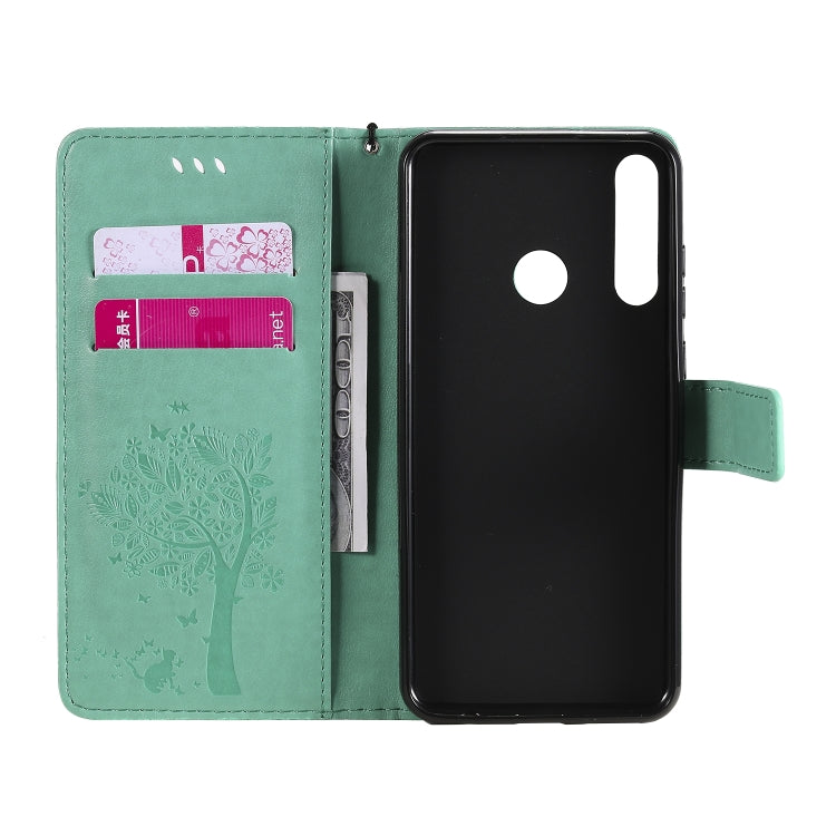 For Huawei Y6p Tree & Cat Embossed Pattern Horizontal Flip Leather Case with Holder & Card Slots & Wallet & Lanyard