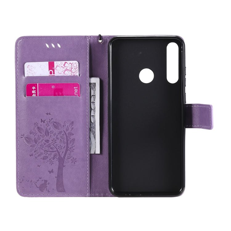 For Huawei Y6p Tree & Cat Embossed Pattern Horizontal Flip Leather Case with Holder & Card Slots & Wallet & Lanyard