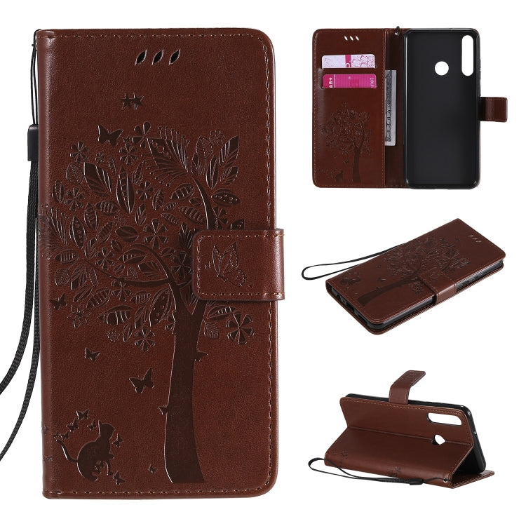For Huawei Y6p Tree & Cat Embossed Pattern Horizontal Flip Leather Case with Holder & Card Slots & Wallet & Lanyard