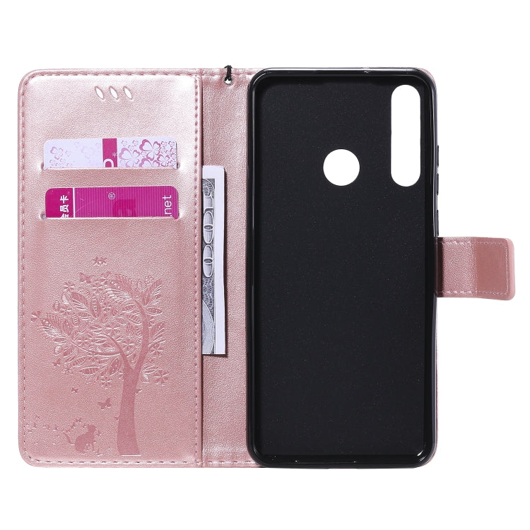 For Huawei Y6p Tree & Cat Embossed Pattern Horizontal Flip Leather Case with Holder & Card Slots & Wallet & Lanyard