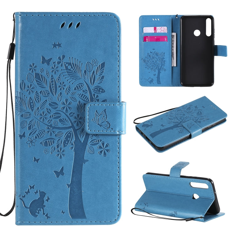 For Huawei Y6p Tree & Cat Embossed Pattern Horizontal Flip Leather Case with Holder & Card Slots & Wallet & Lanyard