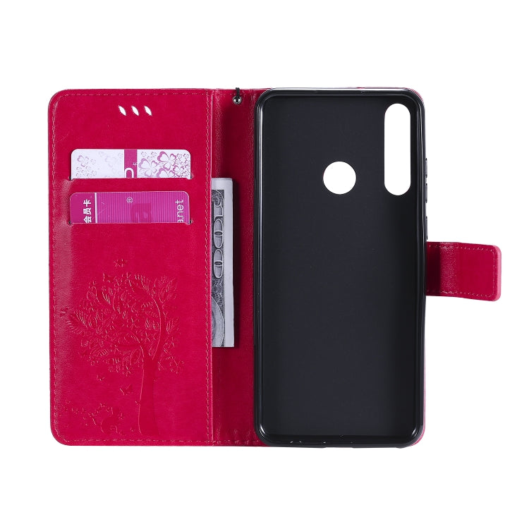 For Huawei Y6p Tree & Cat Embossed Pattern Horizontal Flip Leather Case with Holder & Card Slots & Wallet & Lanyard