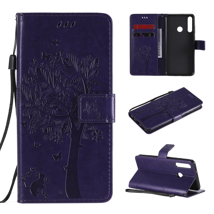 For Huawei Y6p Tree & Cat Embossed Pattern Horizontal Flip Leather Case with Holder & Card Slots & Wallet & Lanyard