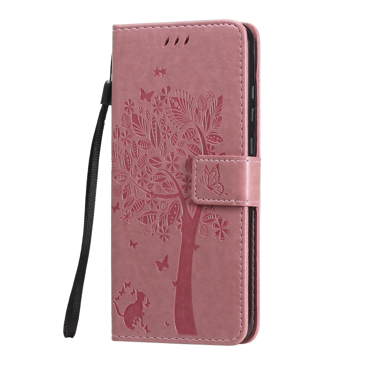For Huawei Y6p Tree & Cat Embossed Pattern Horizontal Flip Leather Case with Holder & Card Slots & Wallet & Lanyard