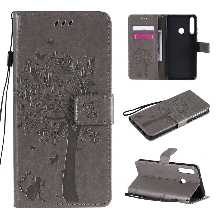 For Huawei Y6p Tree & Cat Embossed Pattern Horizontal Flip Leather Case with Holder & Card Slots & Wallet & Lanyard