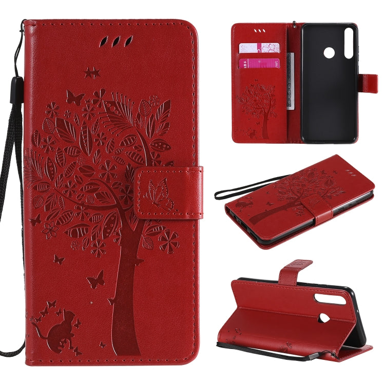 For Huawei Y6p Tree & Cat Embossed Pattern Horizontal Flip Leather Case with Holder & Card Slots & Wallet & Lanyard
