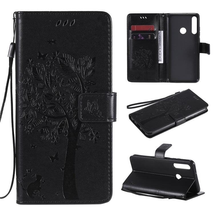 For Huawei Y6p Tree & Cat Embossed Pattern Horizontal Flip Leather Case with Holder & Card Slots & Wallet & Lanyard