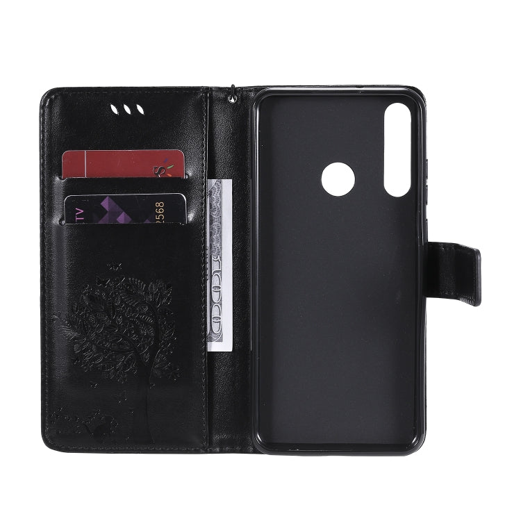 For Huawei Y6p Tree & Cat Embossed Pattern Horizontal Flip Leather Case with Holder & Card Slots & Wallet & Lanyard