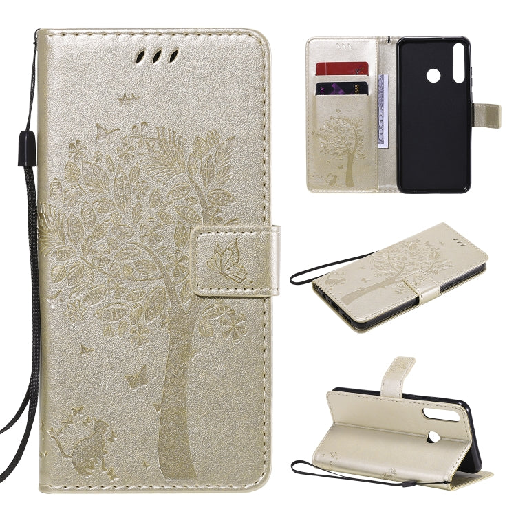 For Huawei Y6p Tree & Cat Embossed Pattern Horizontal Flip Leather Case with Holder & Card Slots & Wallet & Lanyard
