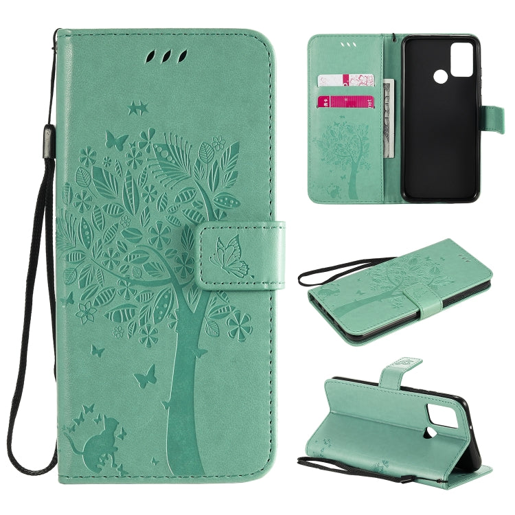 For Huawei Honor 9A Tree & Cat Embossed Pattern Horizontal Flip Leather Case with Holder & Card Slots & Wallet & Lanyard