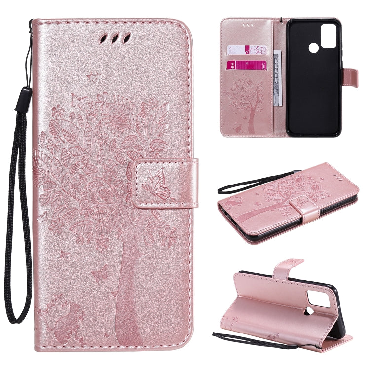 For Huawei Honor 9A Tree & Cat Embossed Pattern Horizontal Flip Leather Case with Holder & Card Slots & Wallet & Lanyard