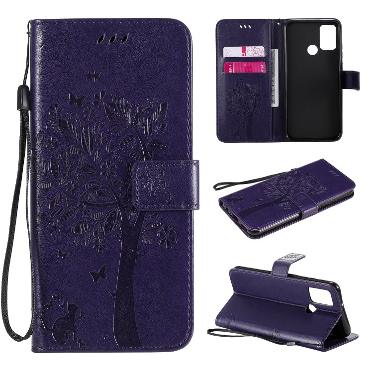 For Huawei Honor 9A Tree & Cat Embossed Pattern Horizontal Flip Leather Case with Holder & Card Slots & Wallet & Lanyard