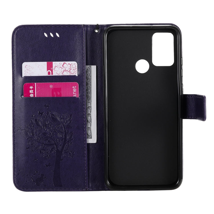 For Huawei Honor 9A Tree & Cat Embossed Pattern Horizontal Flip Leather Case with Holder & Card Slots & Wallet & Lanyard